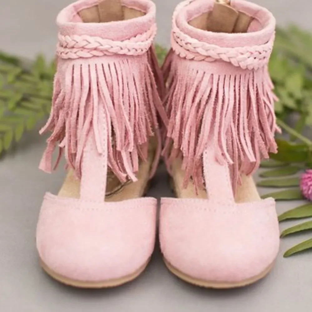 NWOT JoyFolie Fennah in Rose Pink Sandals Fringes Boho Gladiator Flats Pastel 5